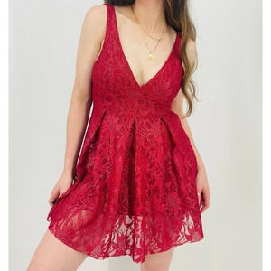 Free People Sparkly Floral Lace V-Neck A-Line Mini Dress in Red Size 0